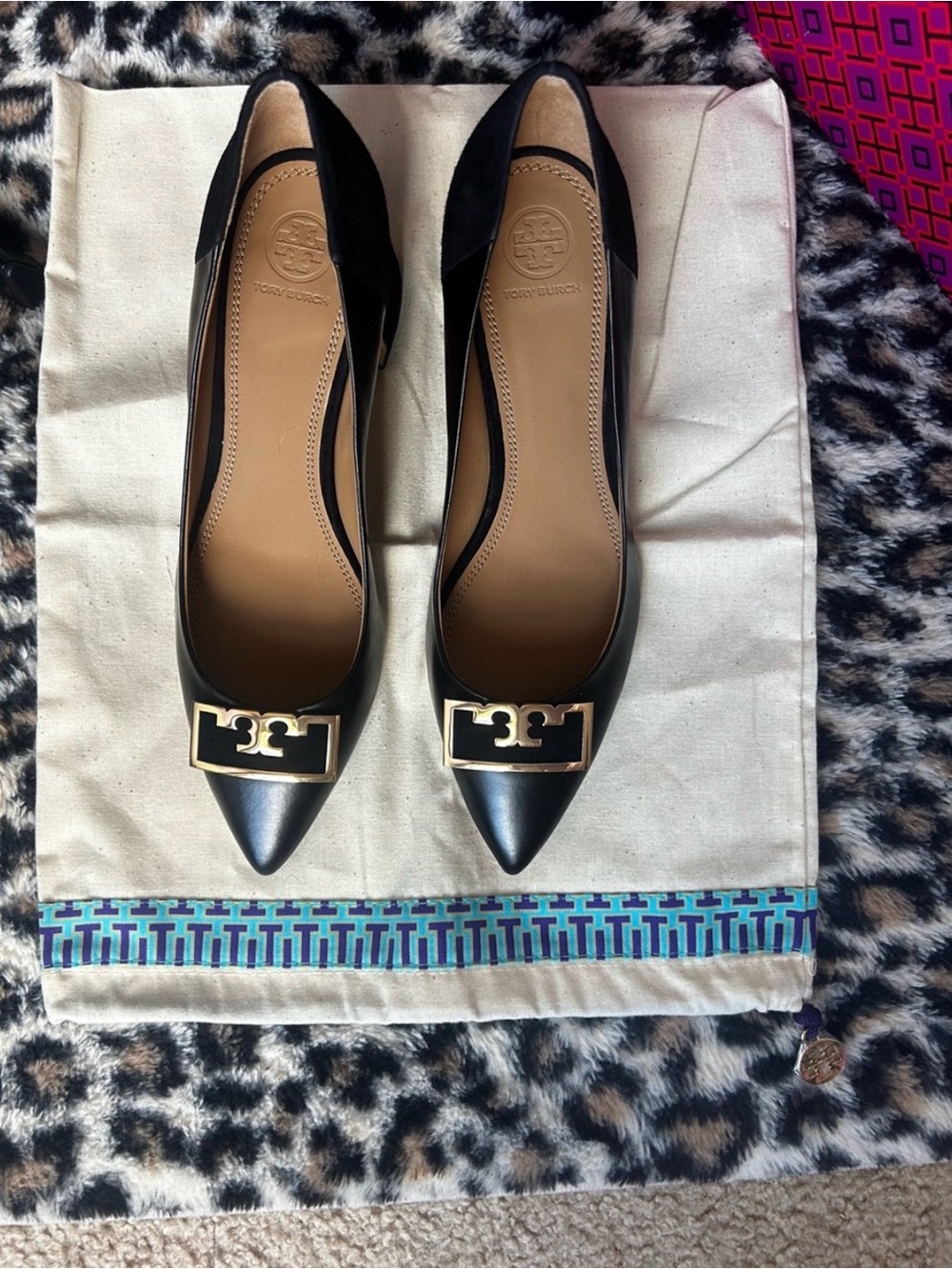Tory Burch Black Pointed Toe Flats with Gold Logo Buckle